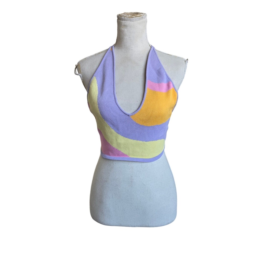 White Fox M Pastel Swirl Halter Knit Crop Top Lilac Yellow Pink Low Neckline